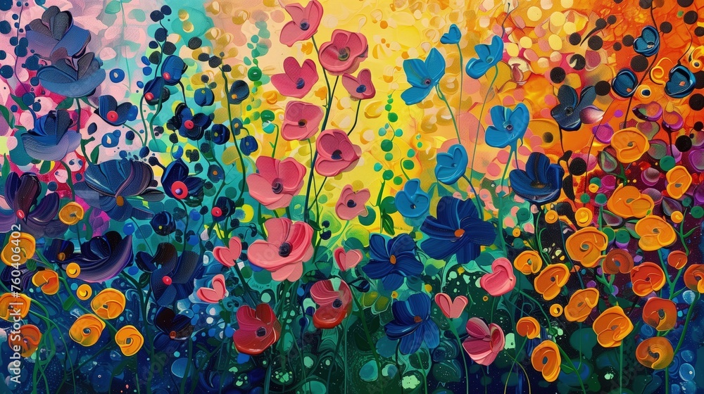 Na obrazie widoczne są kolorowe kwiaty, które żywo prezentują kontrastujące kolory i delikatne ruchy. Technika wylewania akrylowej farby - obrazy, fototapety, plakaty 