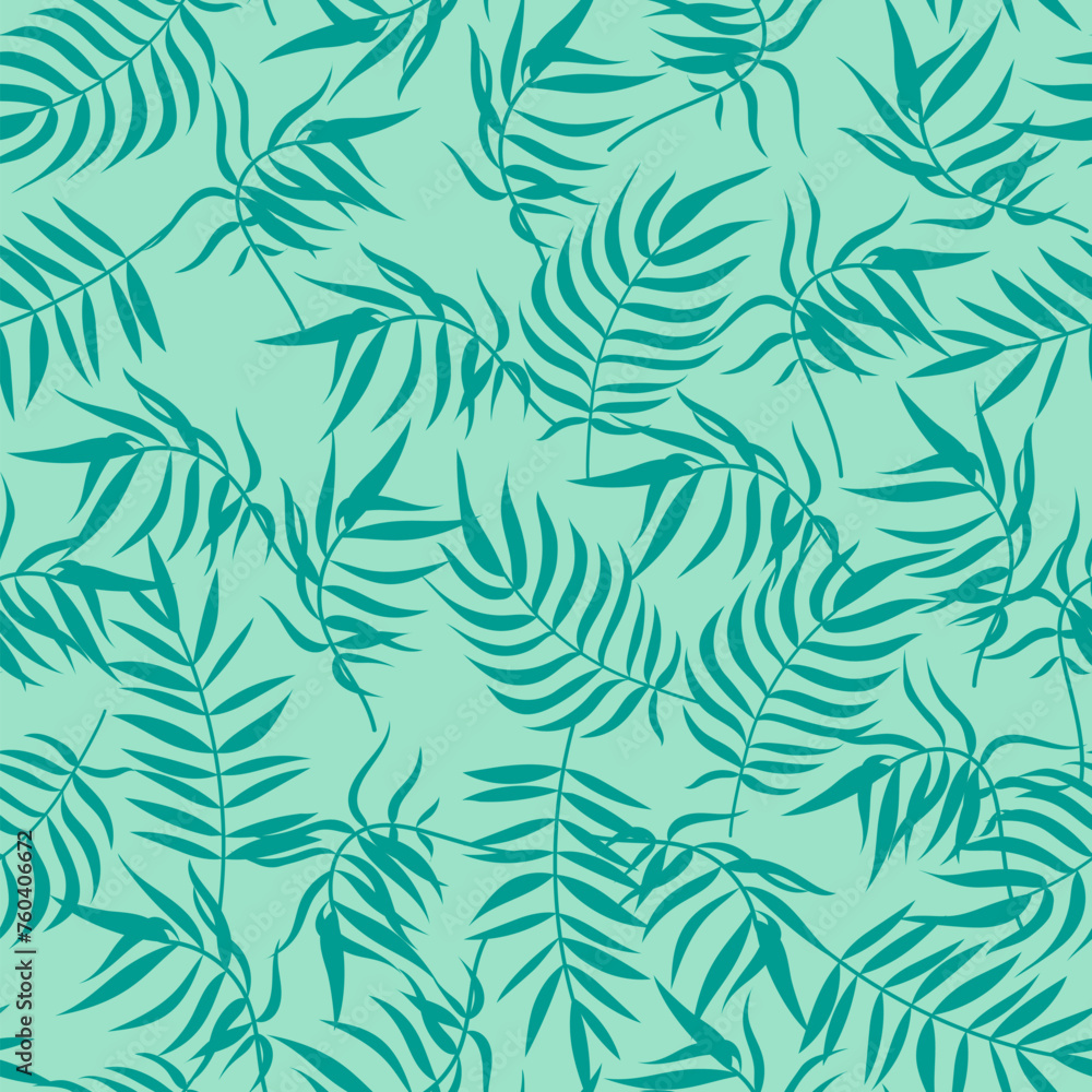 Tropical palm leaf seamless pattern. Trendy summer texture, fresh palm leaves print on green background. Vector pattern for fabric, wrapping paper, decor element, wallpapers, natural product cover