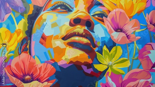 Portret czarnoskórej kobiety otoczony kwiatami, który symbolizuje wiosnę. Kobieta ma wyrazistą twarz, a kwiaty dodają delikatności i koloru całości. © Artur