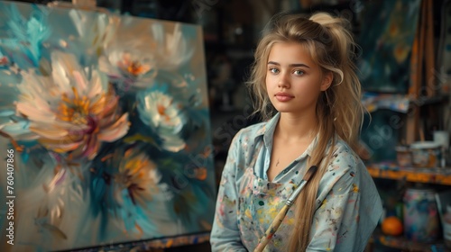 portrait of a pretty young artist girl near the canvas