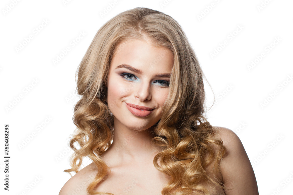Excited young fashion woman with healthy blonde hair and make-up on white background Excited young fashion woman with healthy blonde hair and make-up on white background