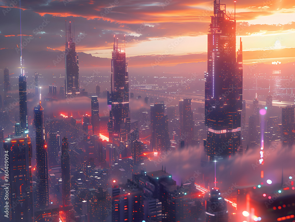 Fototapeta premium Futuristic Cityscape Bathed in Warm Glow