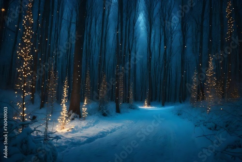Enchanted winter forest with dazzling fireflies and hidden holiday treats.  © MB Khan