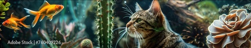 Korat cat cozy by fireplaces, Burros Tail cactus in a microburst, underwater perspective alongside goldfish photo