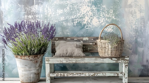 French Country Charm Distressed Wood Bench Adorned with Lavender in Woven Planter