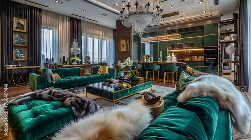 Exquisite Open Floor Plan Living Room with Regal Emerald Sofas and Luxurious Accents