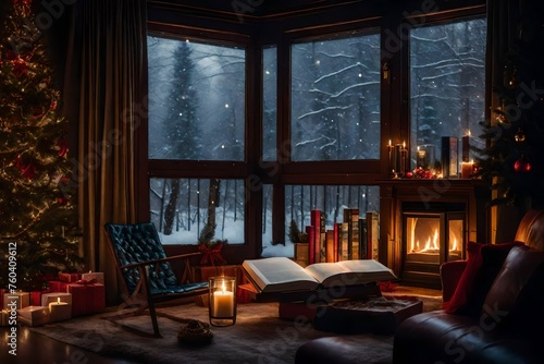 Cozy reading corner with holiday-themed books and a view of falling snow outside