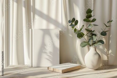 Blank white book model with potted plant, notebook mockup, mockup on nature background