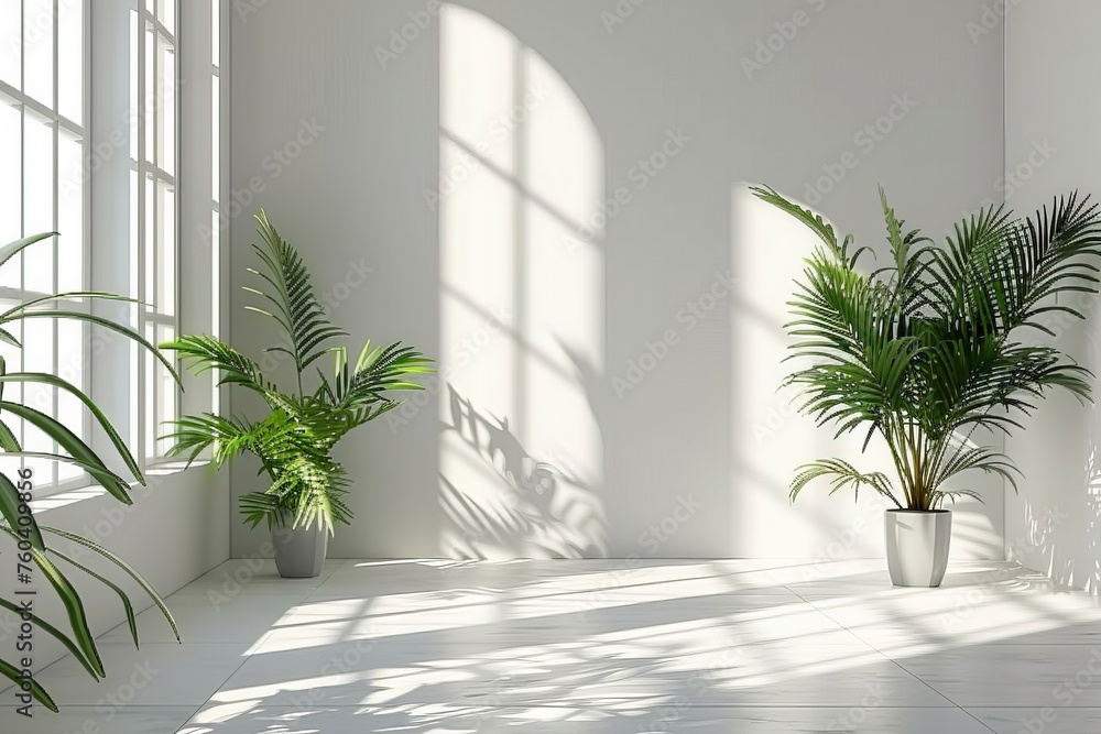 Interior background of empty room with white wall and and potted plants
Interior background of empty room with white wall and and potted plants