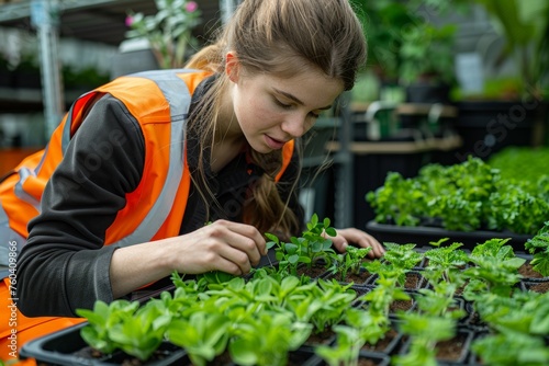 Wallpaper Mural A woman wearing an orange vest actively tends to a variety of plants in an outdoor setting. Torontodigital.ca
