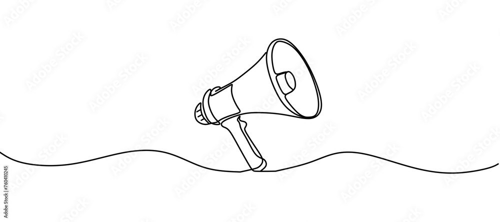 Obraz premium Public horn speaker in One continuous line drawing. Megaphone announce symbol of marketing promotion in simple linear style. Business concept for attention and job offer. Doodle vector illustration