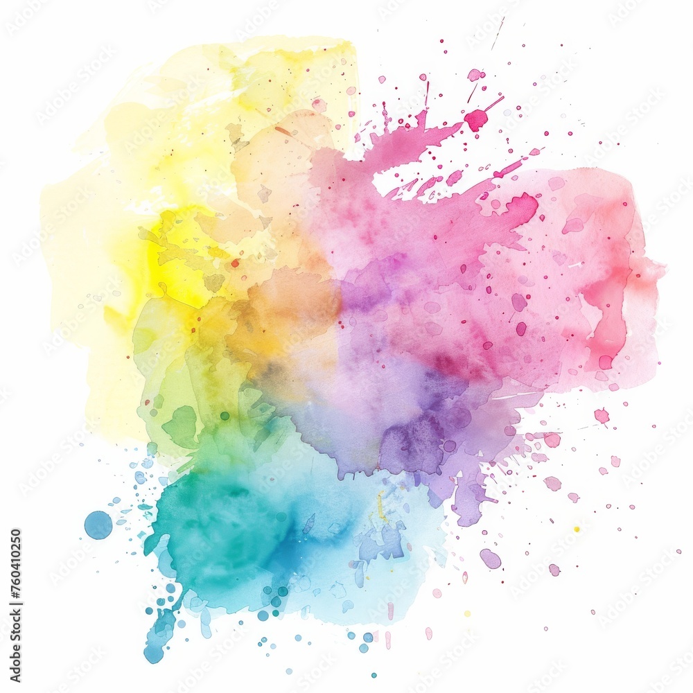 Rainbow watercolor splash on a pristine white background, radiating the essence of spring and creativity.