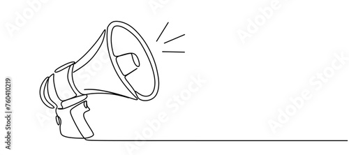 Public horn speaker in One continuous line drawing. Megaphone announce symbol of marketing promotion in simple linear style. Business concept for attention and job offer. Doodle vector illustration