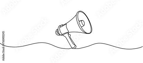 Public horn speaker in One continuous line drawing. Megaphone announce symbol of marketing promotion in simple linear style. Business concept for attention and job offer. Doodle vector illustration photo