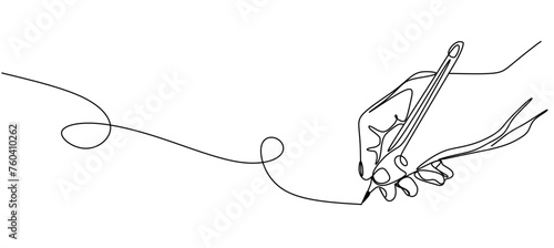Pencil in hand vector illustration with continuous one single line drawing isolated on white background.	