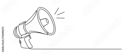 Public horn speaker in One continuous line drawing. Megaphone announce symbol of marketing promotion in simple linear style. Business concept for attention and job offer. Doodle vector illustration