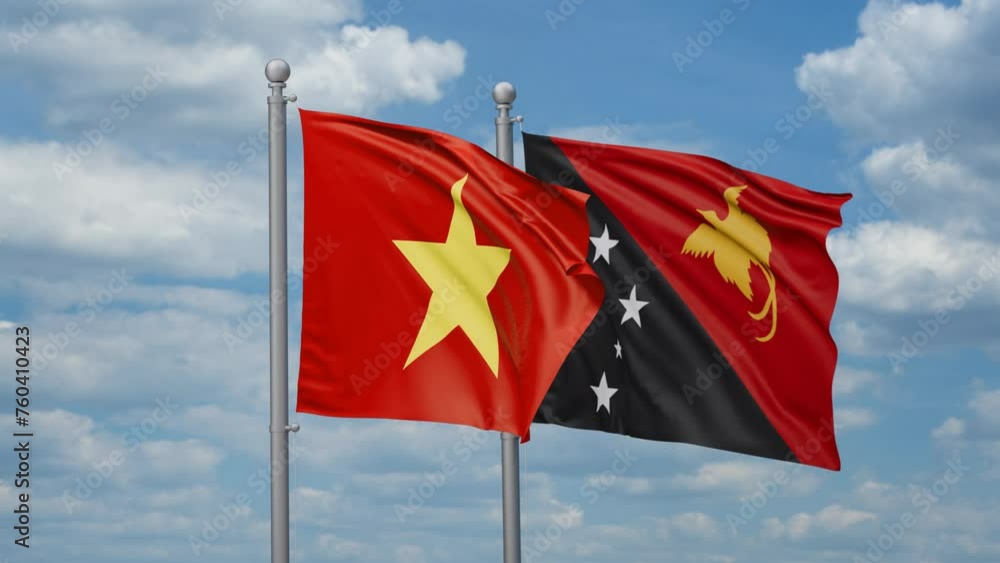 Papua New Guinea and Vietnam two flags waving together, looped video, two country relations concept Papua New Guinea and Vietnam two flags waving together, looped video, two country relations concept