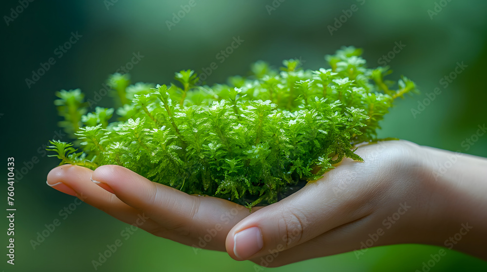 Little green moss in the hands of a child on a green background