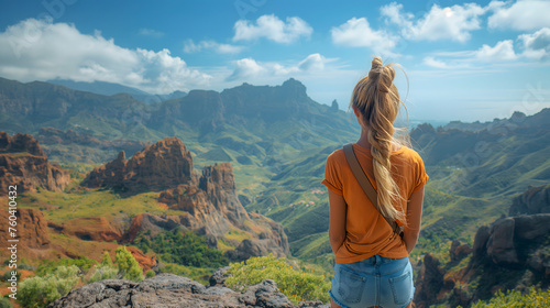 Young woman hiker enjoying view of the mountains