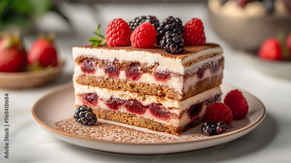 Delicious tiramisu cake with berries on plate, closeup Delicious tiramisu cake with berries on plate, closeup