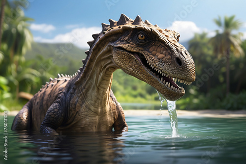 dinosaurs with natural river background