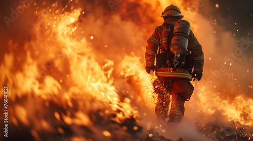Firefighter fighting a fire. Firefighter fighting a fire with a fire hose. photo
