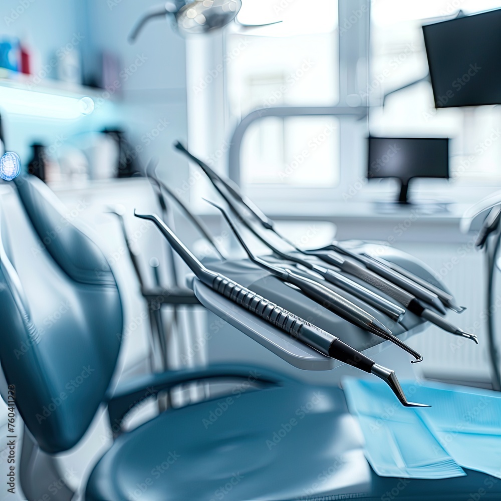 A set of dental tools neatly arranged next to a patient chair emphasizing dental health
