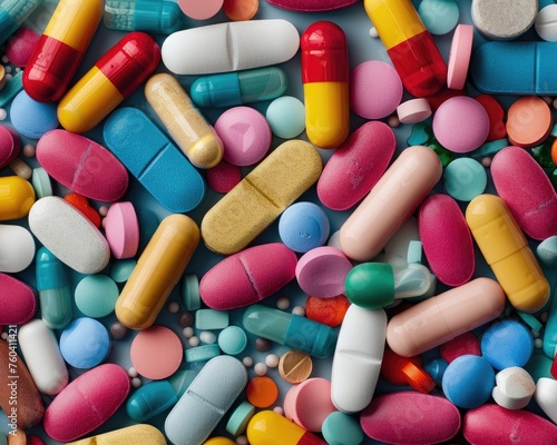 A detailed macro shot of various colorful pills and capsules representing pharmaceutical diversity