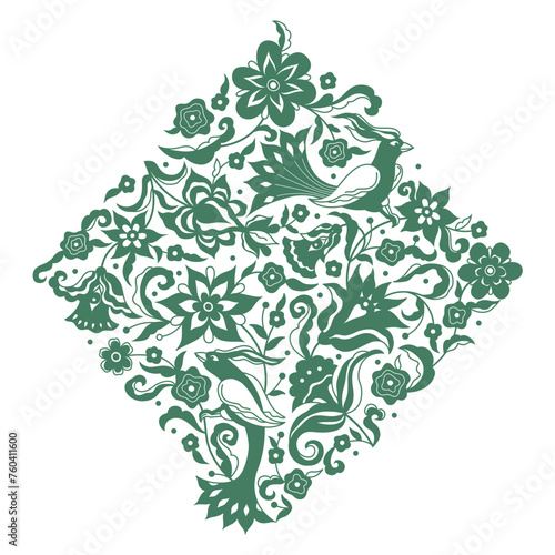 Vector floral pattern with birds, vignette, border, card design template. Elements in Oriental style. Ornate decoration, floral silhouette illustration. Arabic ornament. Isolated ornaments.