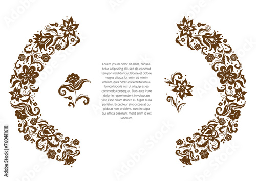 Vector floral semicircle frame, vignettes, border, card design template. Flower silhouette elements in Oriental style. Floral borders, flower illustration. Arabic ornaments.