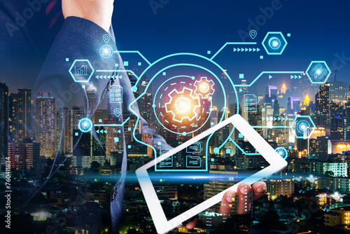 Double exposure of Businessman using tablet to get idea with AI graphic diagram and city night background 