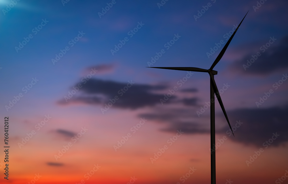 Obraz premium Wind Mill Power Energy Farm Generator Renewable Sustainable Field on Suset, Environment Eco System Technology Industry Ecology Electricity Power Propeller Turbine Clean Carbon.