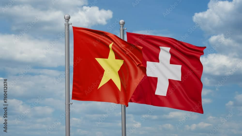 Switzerland and Vietnam two flags waving together, looped video, two country cooperation concept Switzerland and Vietnam two flags waving together, looped video, two country cooperation concept