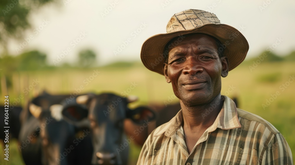 A Farmer Stands Proudly in Front of a Herd of Cows, Nurturing the Land