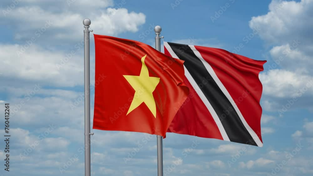 Trinidad and Tobago and Vietnam two flags waving together, looped video, two country cooperation concept Trinidad and Tobago and Vietnam two flags waving together, looped video, two country cooperation concept
