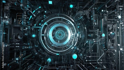 Using several elements, a three-dimensional vector image of an abstract technological background including a printed illuminated circuit board is created. components of science fiction technology.HUD 
