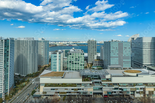 Aerial view of the Minatomirai district in Yokohama City, Japan