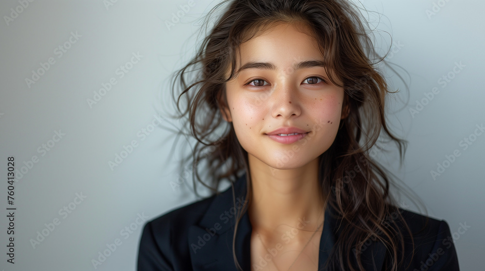 A poised young asian businesswoman with flowing hair wearing a stylish elegant suit, embodying confidence and professionalism on white background. A poised young asian businesswoman with flowing hair wearing a stylish elegant suit, embodying confidence and professionalism on white background.