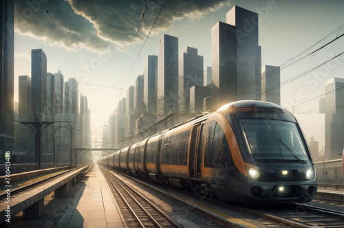 High speed train in the city at sunset 