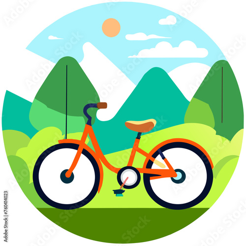 A cute bike stands in the midst of a lush green forest, its vibrant colors contrasting with the tranquil surroundings.