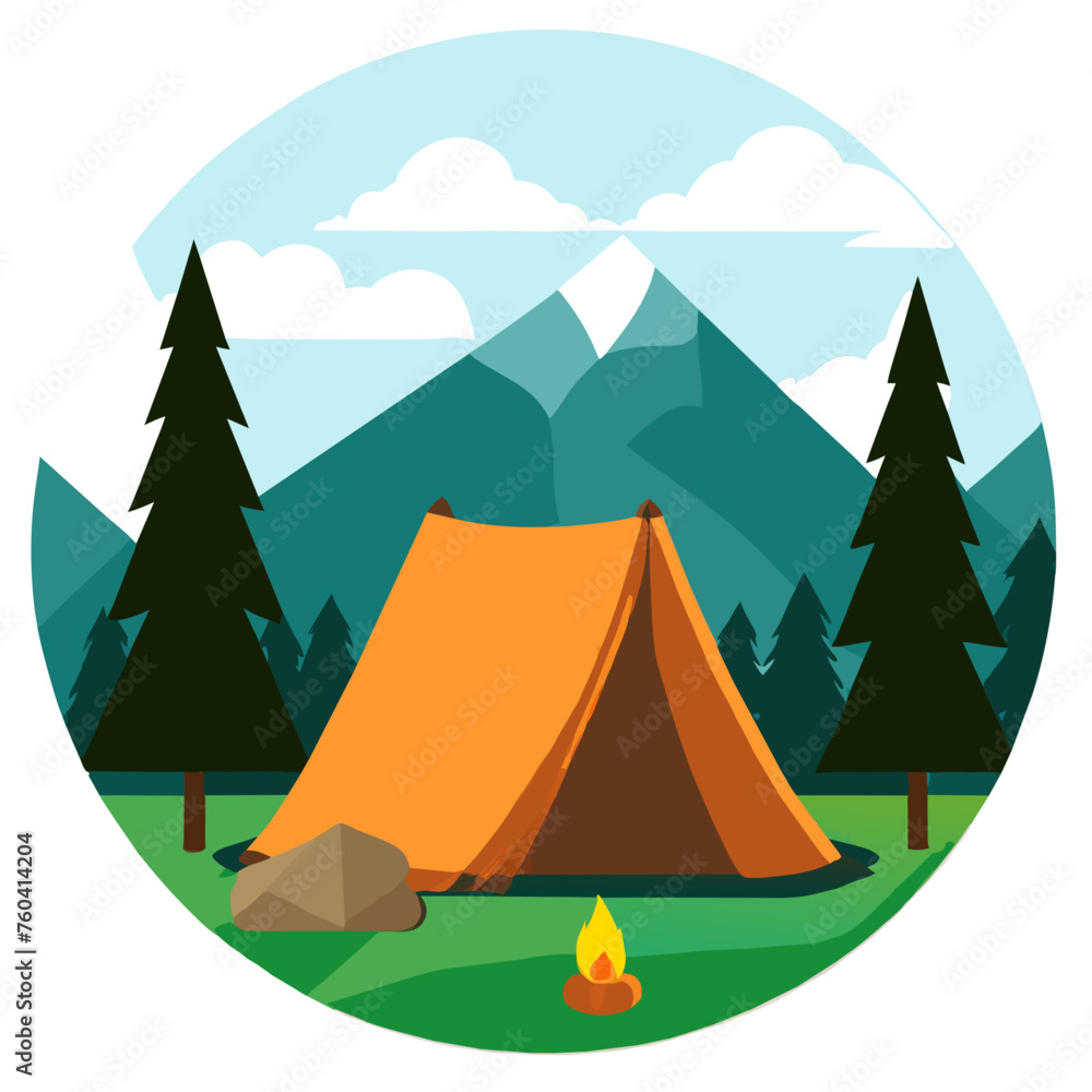 Cute camping in nature, with a tent and a campfire. Cute camping in nature, with a tent and a campfire.