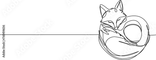 continuous single line drawing of sleeping fox, head resting on tail, line art vector illustration