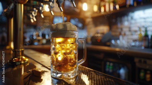 Mug of beer on bar counter in the pub.