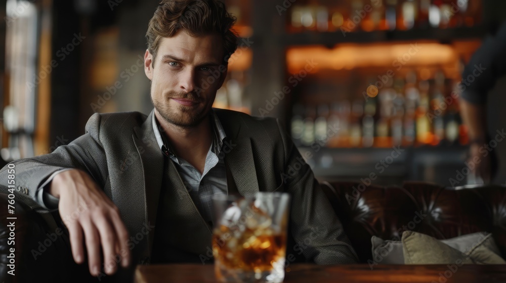 Confident man with tattoos sipping whiskey in a bar, intense gaze, concept for masculinity and leisure lifestyle.
