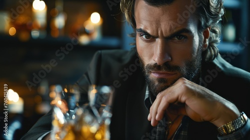 Confident man with tattoos sipping whiskey in a bar, intense gaze, concept for masculinity and leisure lifestyle.