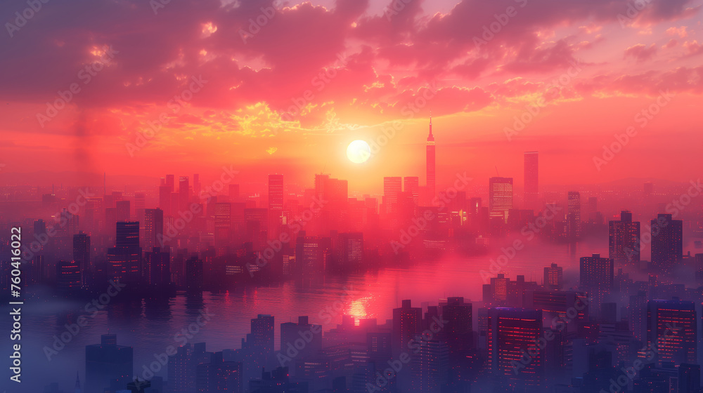Glowing Sunrise Over Misty City With Reflective Waters