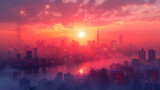 Glowing Sunrise Over Misty City With Reflective Waters