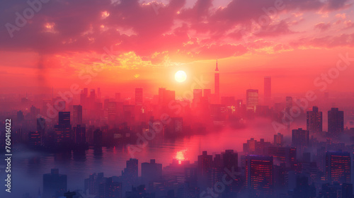 Glowing Sunrise Over Misty City With Reflective Waters © oxart_studio