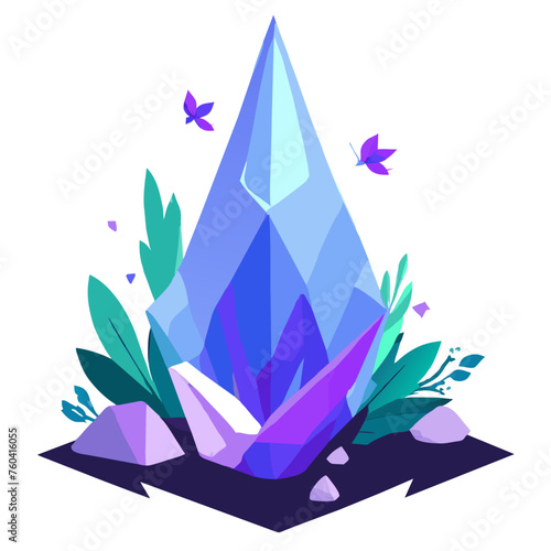 A lovely, gleaming, multifaceted crystal sits amidst a lush, verdant forest.