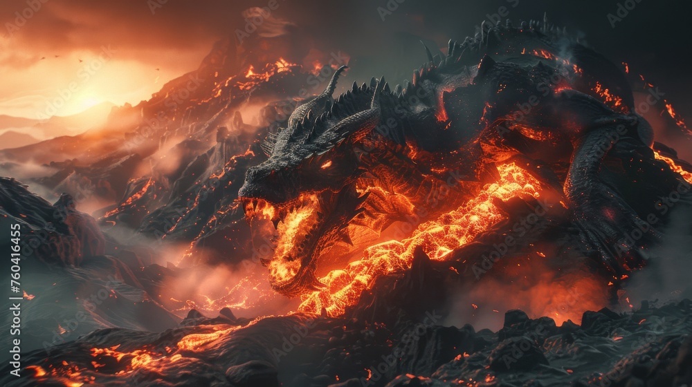 Zmey Gorynychs dramatic emergence from a volcano with hyper-realistic lava flows and smoke - obrazy, fototapety, plakaty 